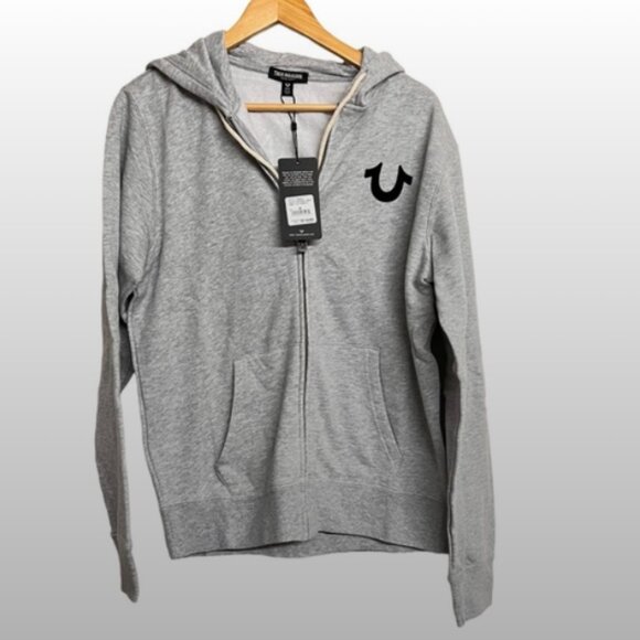 New Men's True Religion Classic Logo Zip Hoodie/Sweatshirt in Heather Grey - Picture 2 of 7